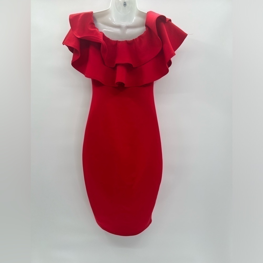 Boohoo Red Tight Off Shoulder Ruffled Midi Dress Sz 8